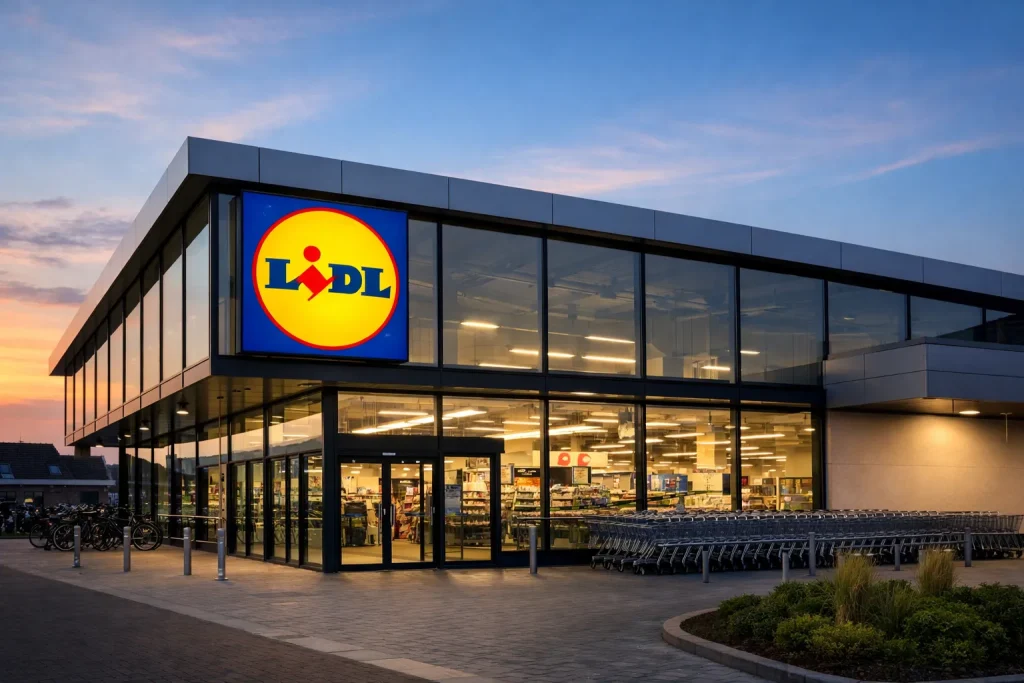 Lidl supermarkt in Hoogeveen bij zonsondergang