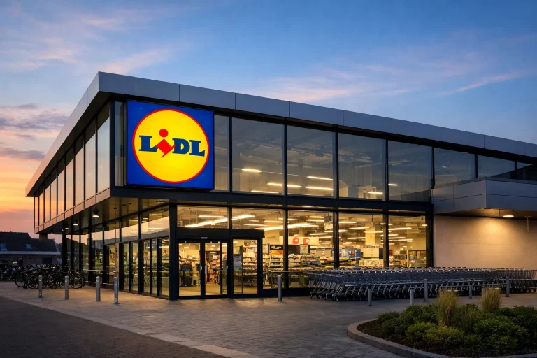 Lidl supermarkt in Hoogeveen bij zonsondergang