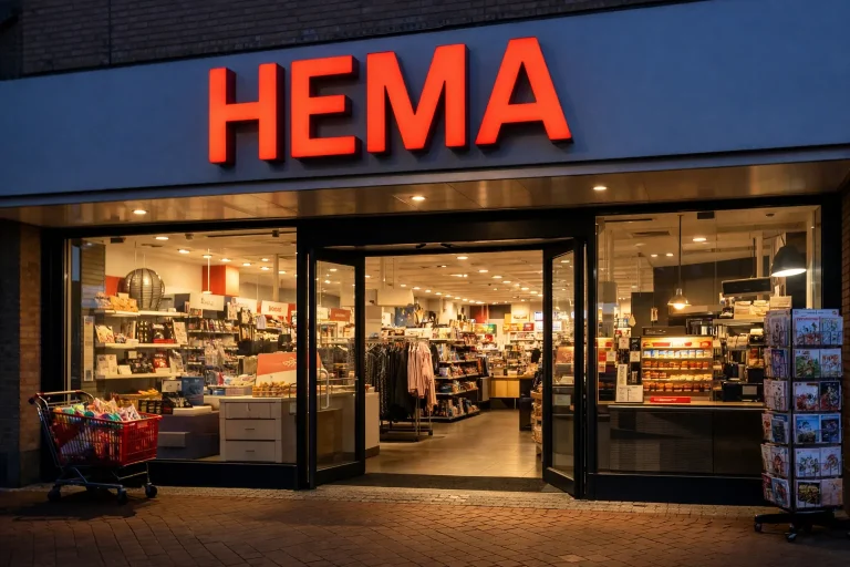 Ingang van HEMA winkel met verlichte etalage in Hoogeveen