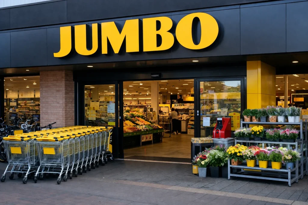 Ingang van Jumbo supermarkt met winkelwagens en bloemen