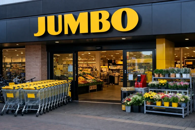Ingang van Jumbo supermarkt met winkelwagens en bloemen