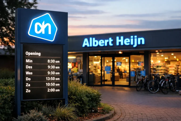 Albert Heijn winkel in Hoogeveen bij zonsondergang