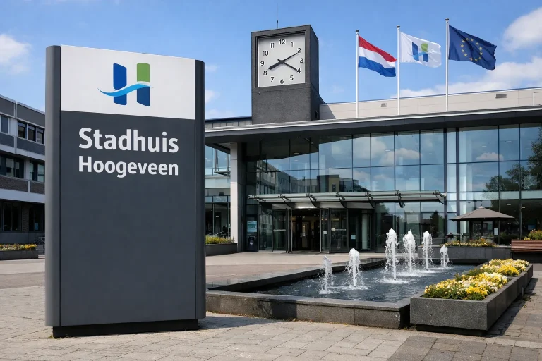Modern stadhuis van Hoogeveen met fontein buiten
