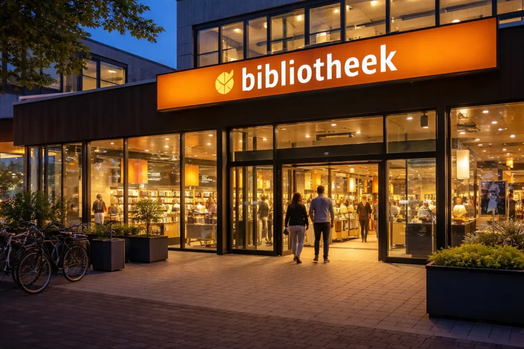 Moderne bibliotheek met glazen gevel en bezoekers bij ingang