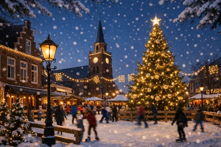 Verlichte kerstboom en schaatsers op plein in Hoogeveen