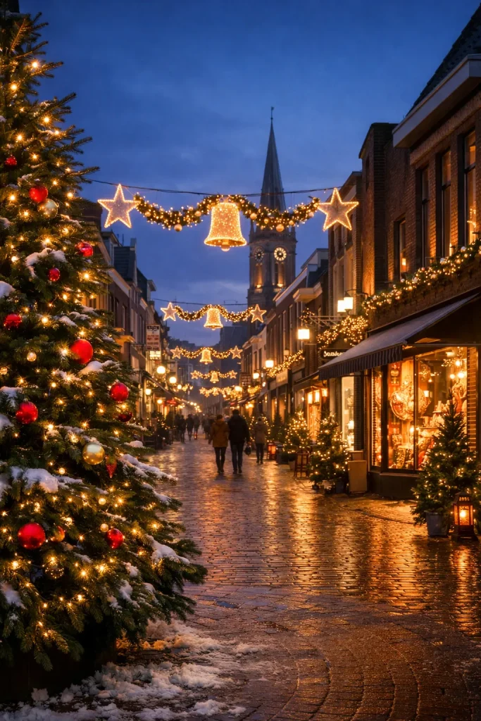 Verlichte kerststraat met boom en winkels in Hoogeveen