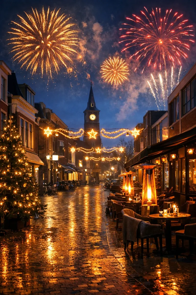 Vuurwerk boven verlichte straat met cafés in Hoogeveen