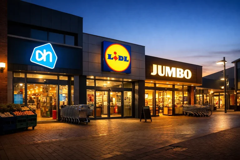 Verlichte supermarkten in Hoogeveen met AH, Lidl en Jumbo bij zonsondergang
