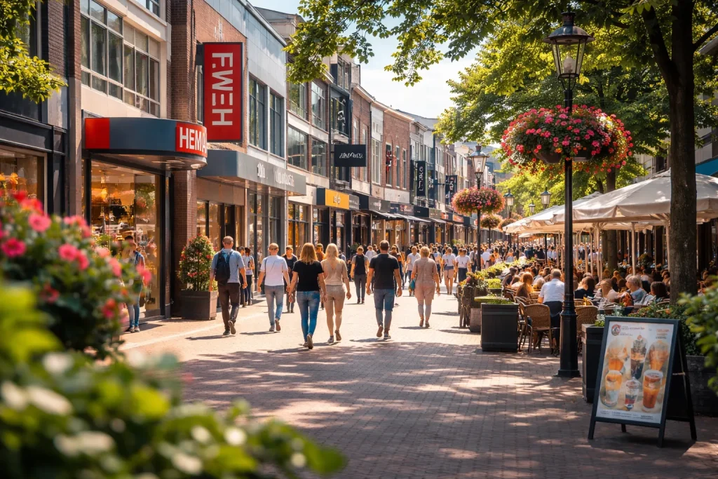 Drukke winkelstraat in Hoogeveen met shoppers en terrassen