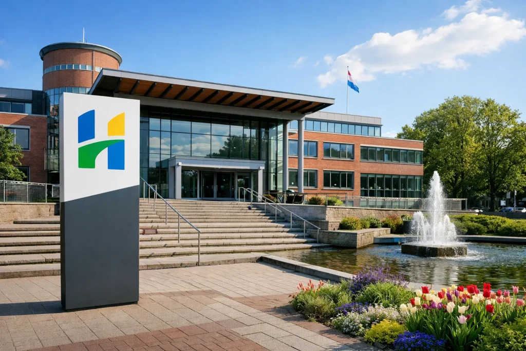 Gemeentehuis Hoogeveen met fontein en bloemen