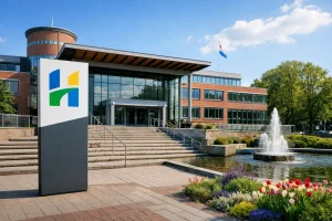 Gemeentehuis Hoogeveen met fontein en bloemen