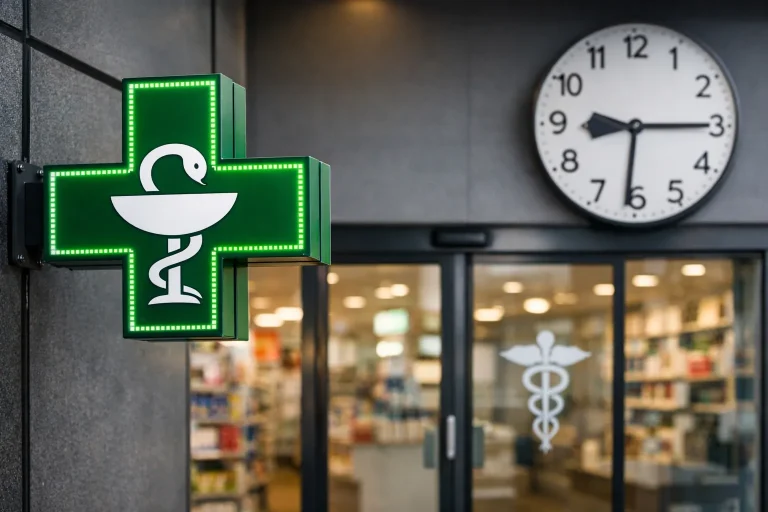 Gevel van apotheek met groen kruis en klok