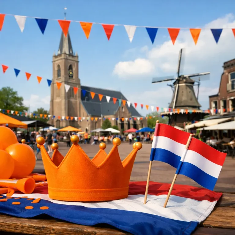 Feestelijke Koningsdag met Nederlandse vlaggen en oranje kroon