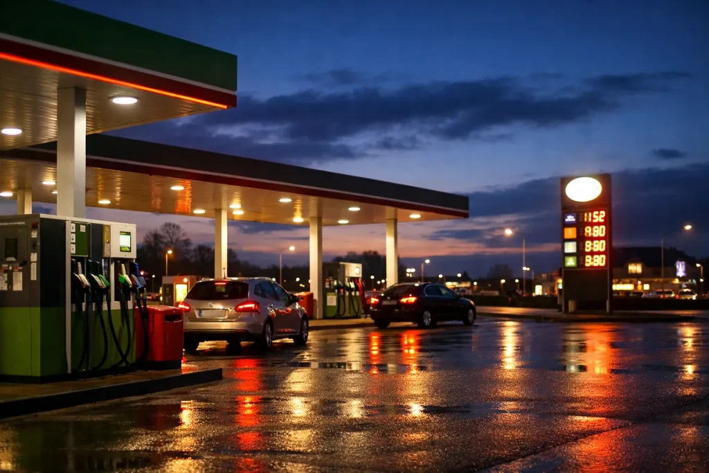 Verlicht tankstation in Hoogeveen bij schemering