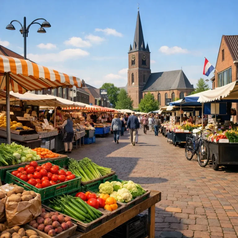 Drukke weekmarkt met kraampjes en verse producten in Hoogeveen